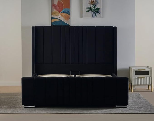 REXwood Furniture Wingback Ottoman Storage Bed Frame – Double & King Size | Plush Velvet Upholstered Bed with Gas Lift Storage & Tall Vertical Tufted Headboard