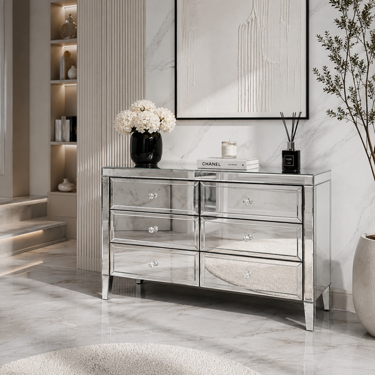 Valencia Mirrored 6 Drawer Chest – Silver Glass, Crushed Diamond or Plain Finish, Pre-Assembled