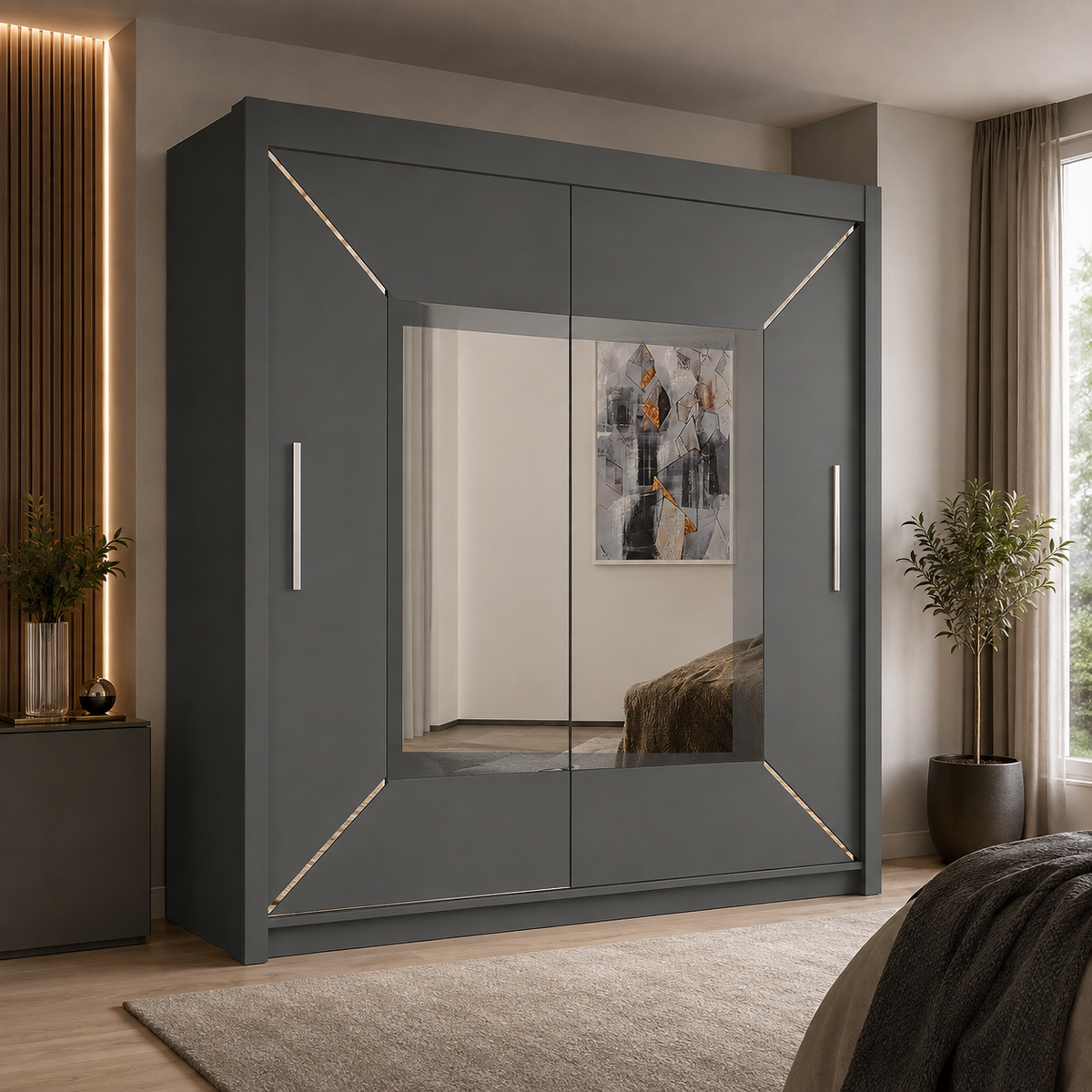 VENICE dark grey sliding door wardrobe with mirror and silver handles in a modern bedroom