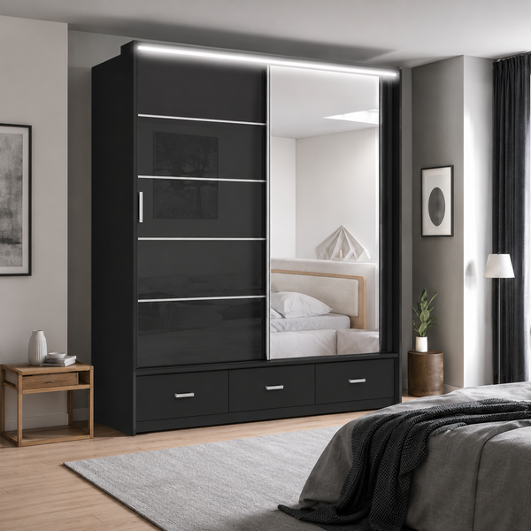 Florence High Gloss Sliding Door Wardrobe with Mirror & LED – White, Black & Grey, Shelves & Drawers