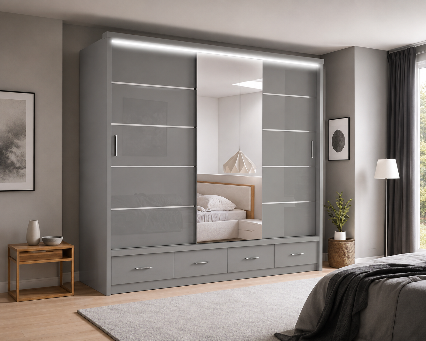 Florence High Gloss Sliding Door Wardrobe with Mirror & LED – White, Black & Grey, Shelves & Drawers