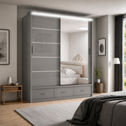 Florence High Gloss Sliding Door Wardrobe with Mirror & LED – White, Black & Grey, Shelves & Drawers