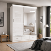Florence High Gloss Sliding Door Wardrobe with Mirror & LED – White, Black & Grey, Shelves & Drawers