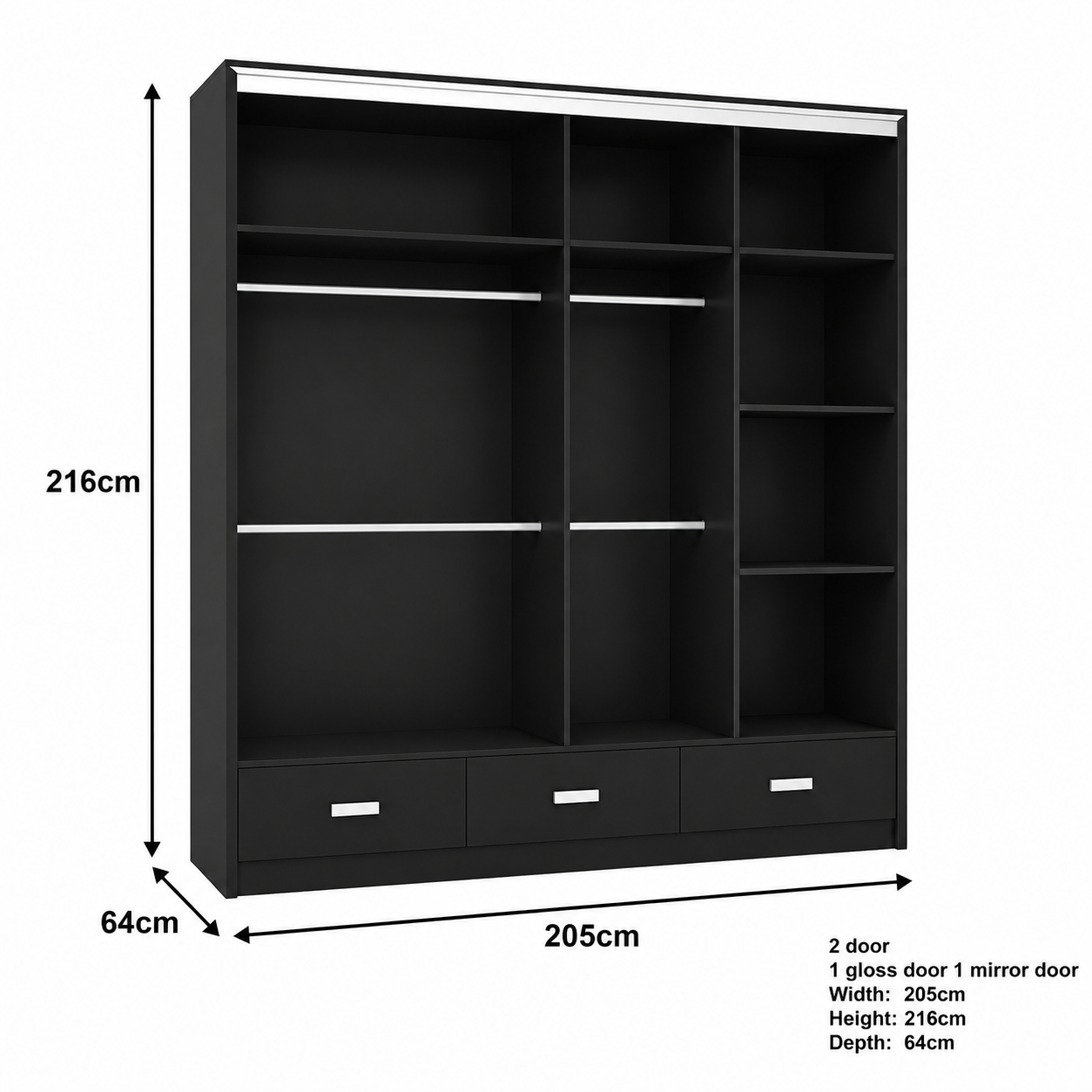 Florence High Gloss Sliding Door Wardrobe with Mirror & LED – White, Black & Grey, Shelves & Drawers