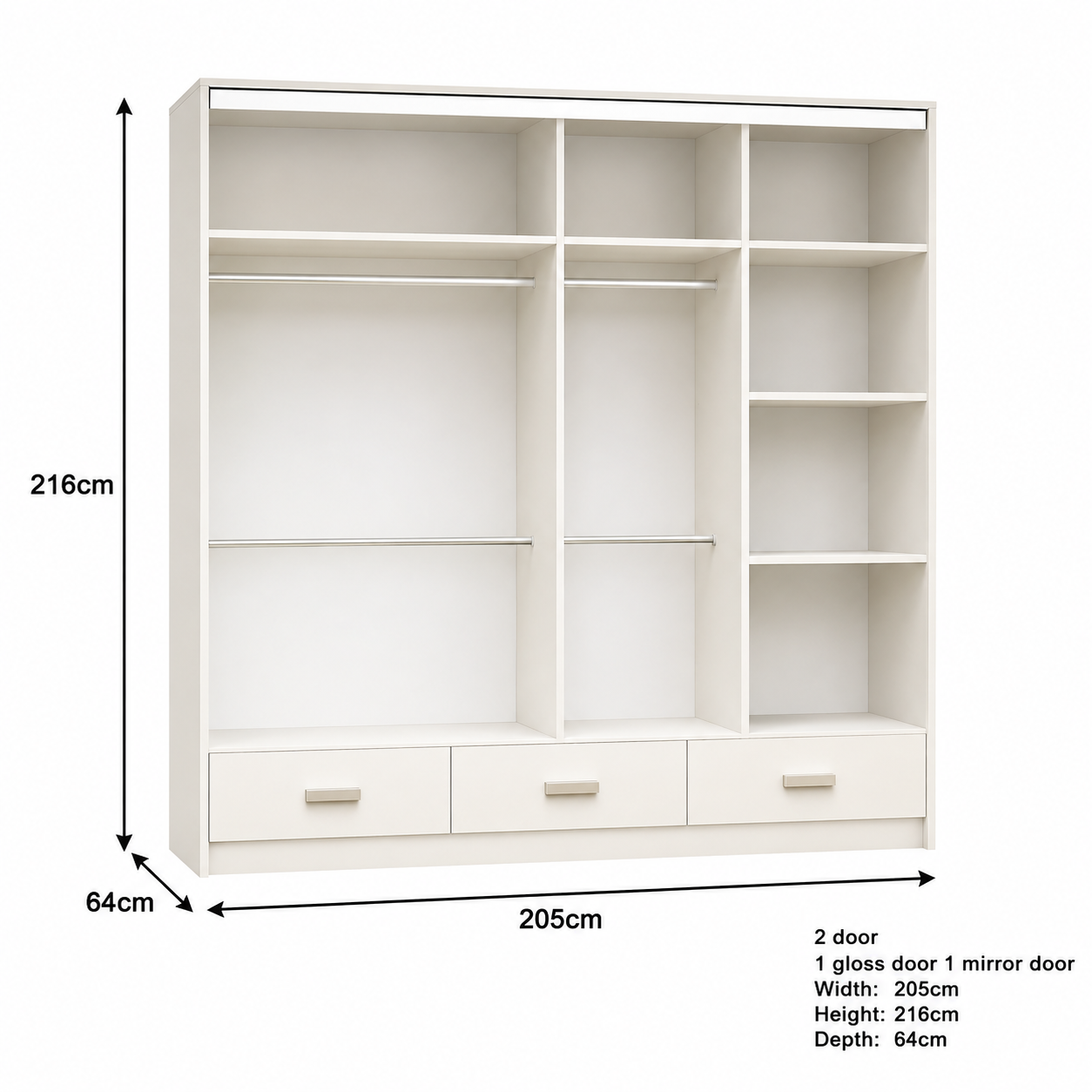 Florence High Gloss Sliding Door Wardrobe with Mirror & LED – White, Black & Grey, Shelves & Drawers