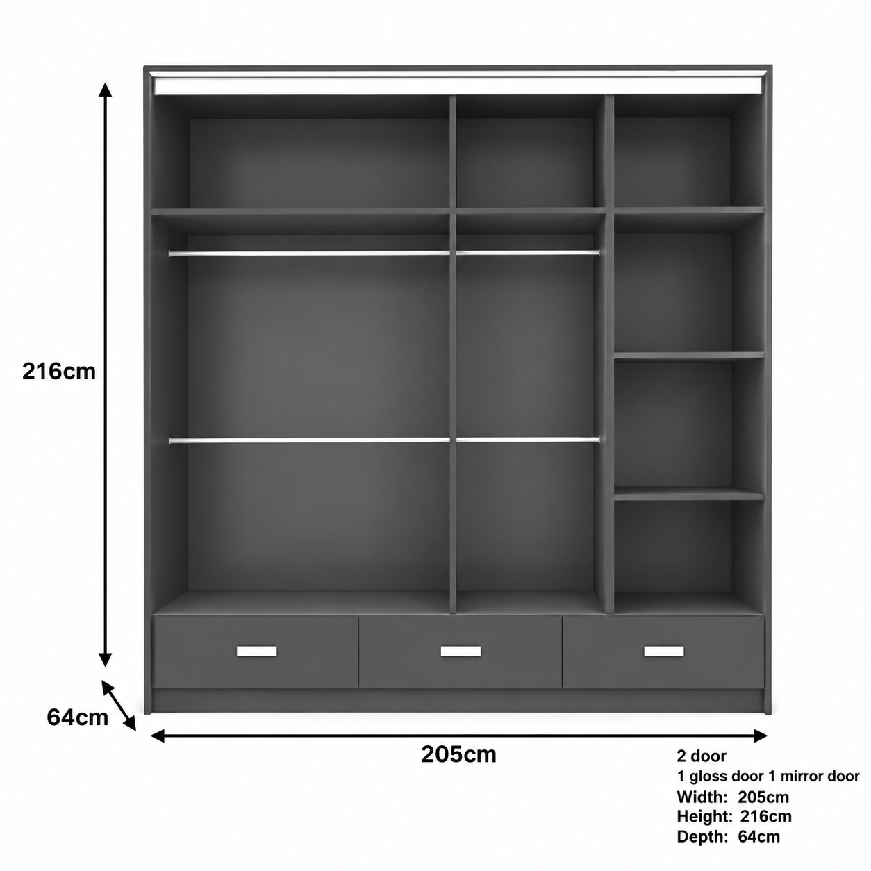 Florence High Gloss Sliding Door Wardrobe with Mirror & LED – White, Black & Grey, Shelves & Drawers