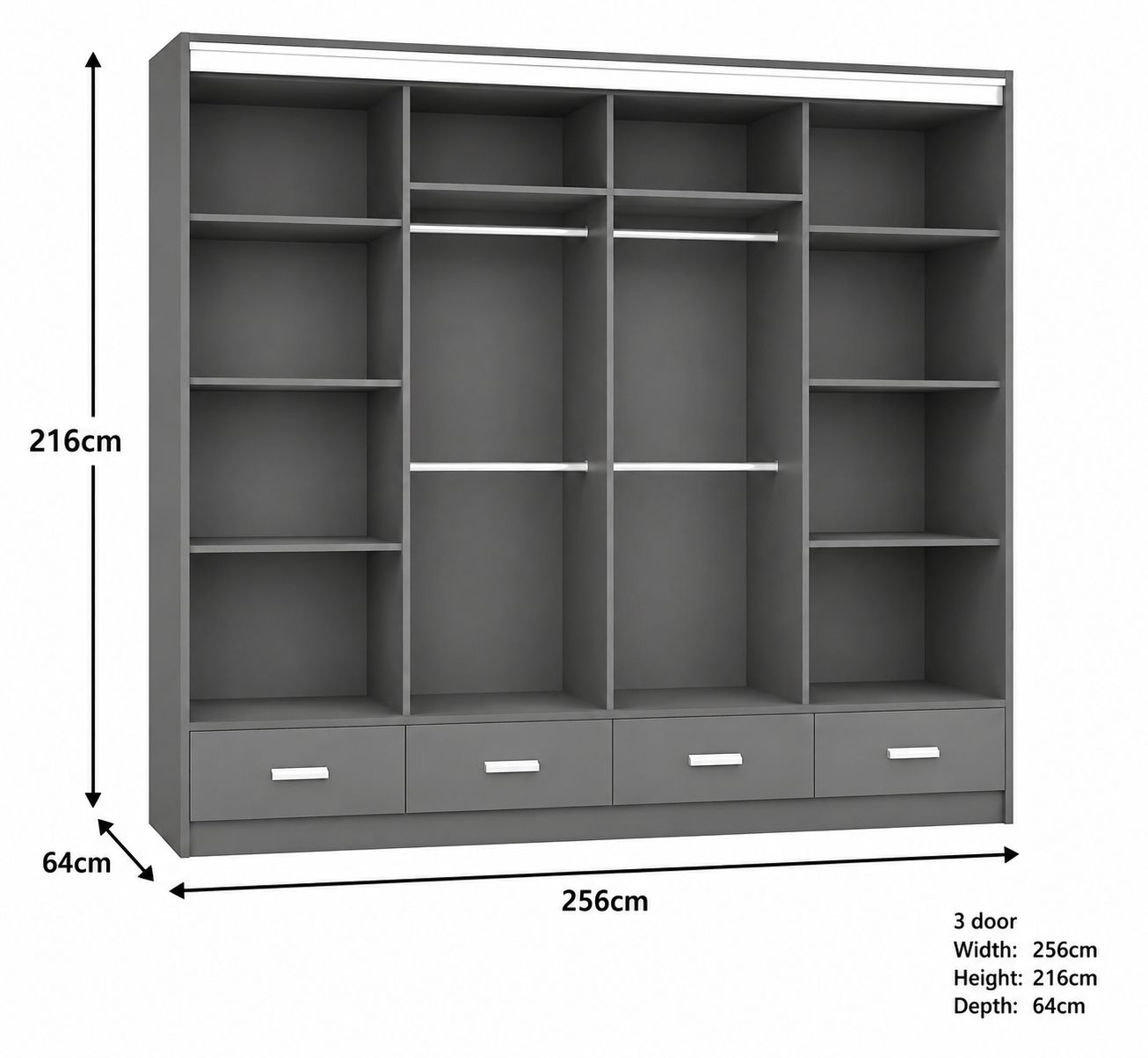 Florence High Gloss Sliding Door Wardrobe with Mirror & LED – White, Black & Grey, Shelves & Drawers