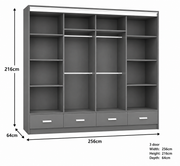 Florence High Gloss Sliding Door Wardrobe with Mirror & LED – White, Black & Grey, Shelves & Drawers