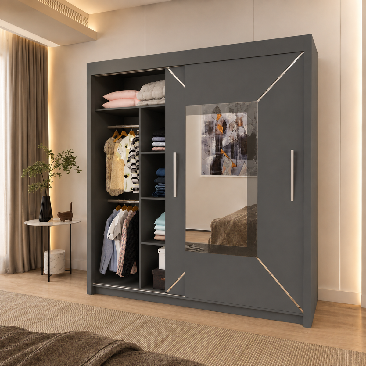VENICE grey sliding door wardrobe with mirror, shelves and hanging rails in a modern bedroom