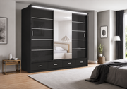 Florence High Gloss Sliding Door Wardrobe with Mirror & LED – White, Black & Grey, Shelves & Drawers
