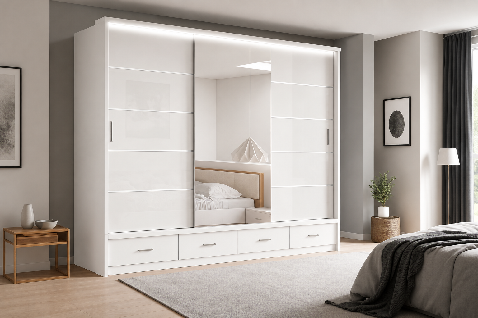 Florence High Gloss Sliding Door Wardrobe with Mirror & LED – White, Black & Grey, Shelves & Drawers