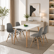 Modern 5 Piece Dining Table and Chairs Set – White Table with Wooden Legs, 4 Chairs, Seats 4