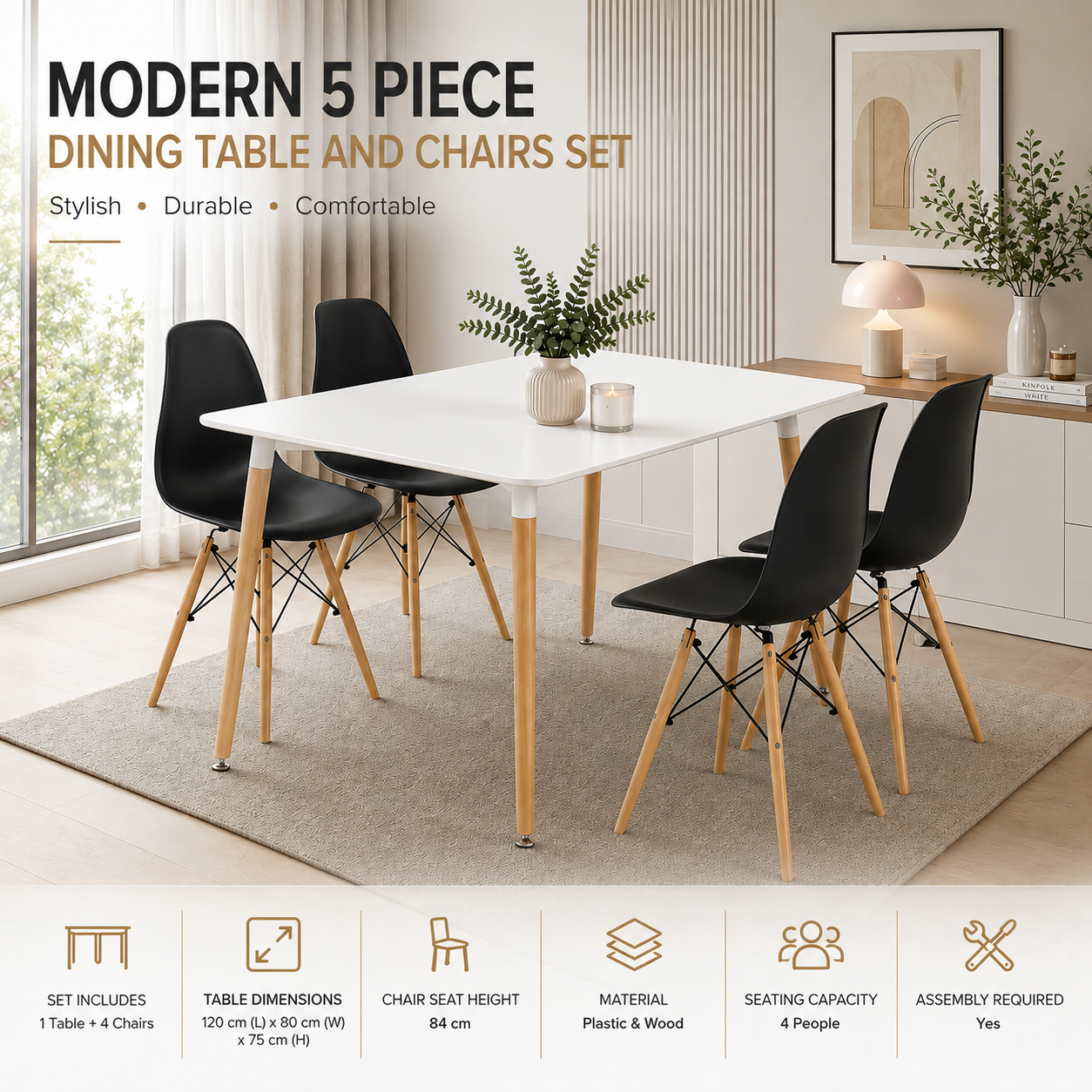 Modern 5 Piece Dining Table and Chairs Set – White Table with Wooden Legs, 4 Chairs, Seats 4