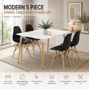 Modern 5 Piece Dining Table and Chairs Set – White Table with Wooden Legs, 4 Chairs, Seats 4