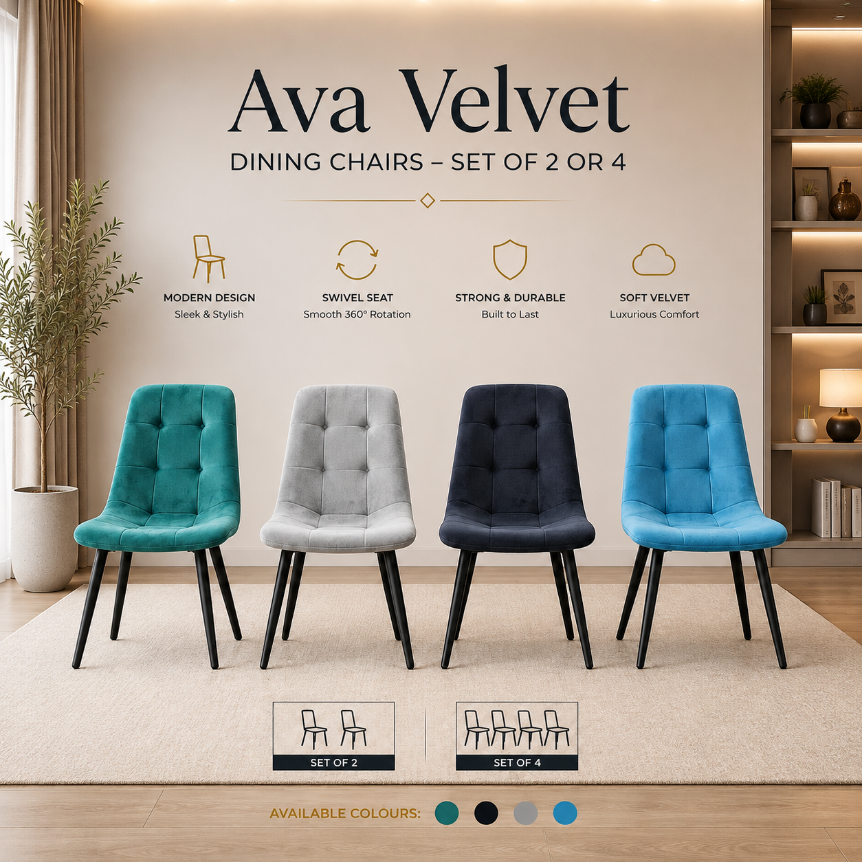 Ava Velvet Dining Chairs – Set of 2 or 4, Swivel Upholstered Chairs with Metal Legs, Modern Design