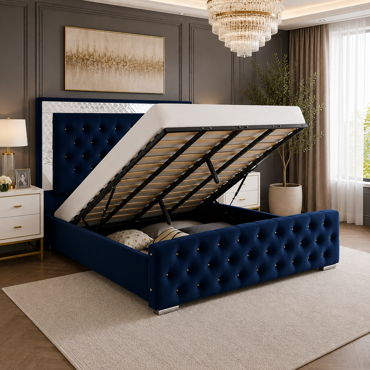 Plush Velvet Ottoman Storage Bed with Gas Lift – Double & King Size, Blue, Black or Grey