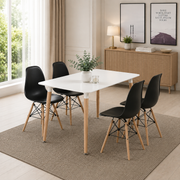 Modern 5 Piece Dining Table and Chairs Set – White Table with Wooden Legs, 4 Chairs, Seats 4