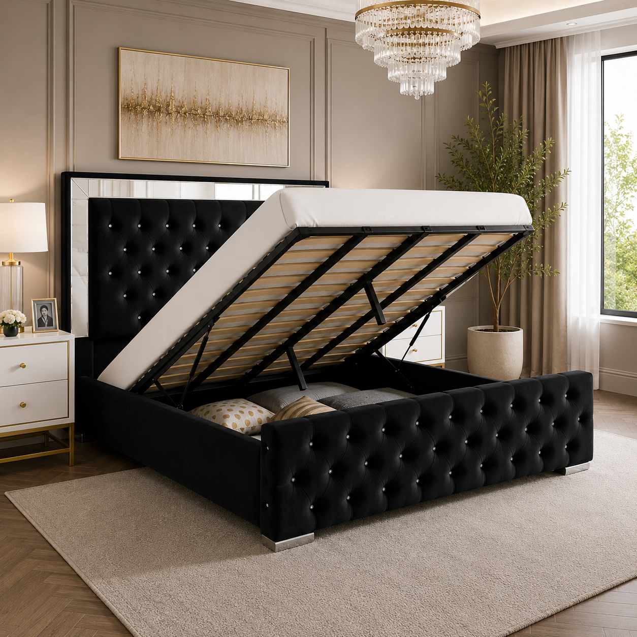 Plush Velvet Ottoman Storage Bed with Gas Lift – Double & King Size, Blue, Black or Grey