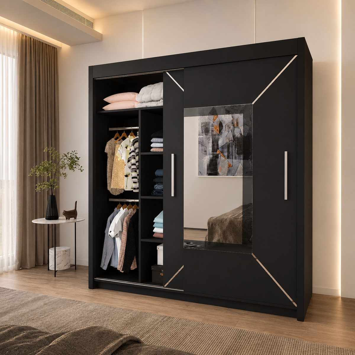 VENICE black sliding door wardrobe with mirror, shelves and hanging rails in a modern bedroom