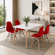 Modern 5 Piece Dining Table and Chairs Set – White Table with Wooden Legs, 4 Chairs, Seats 4