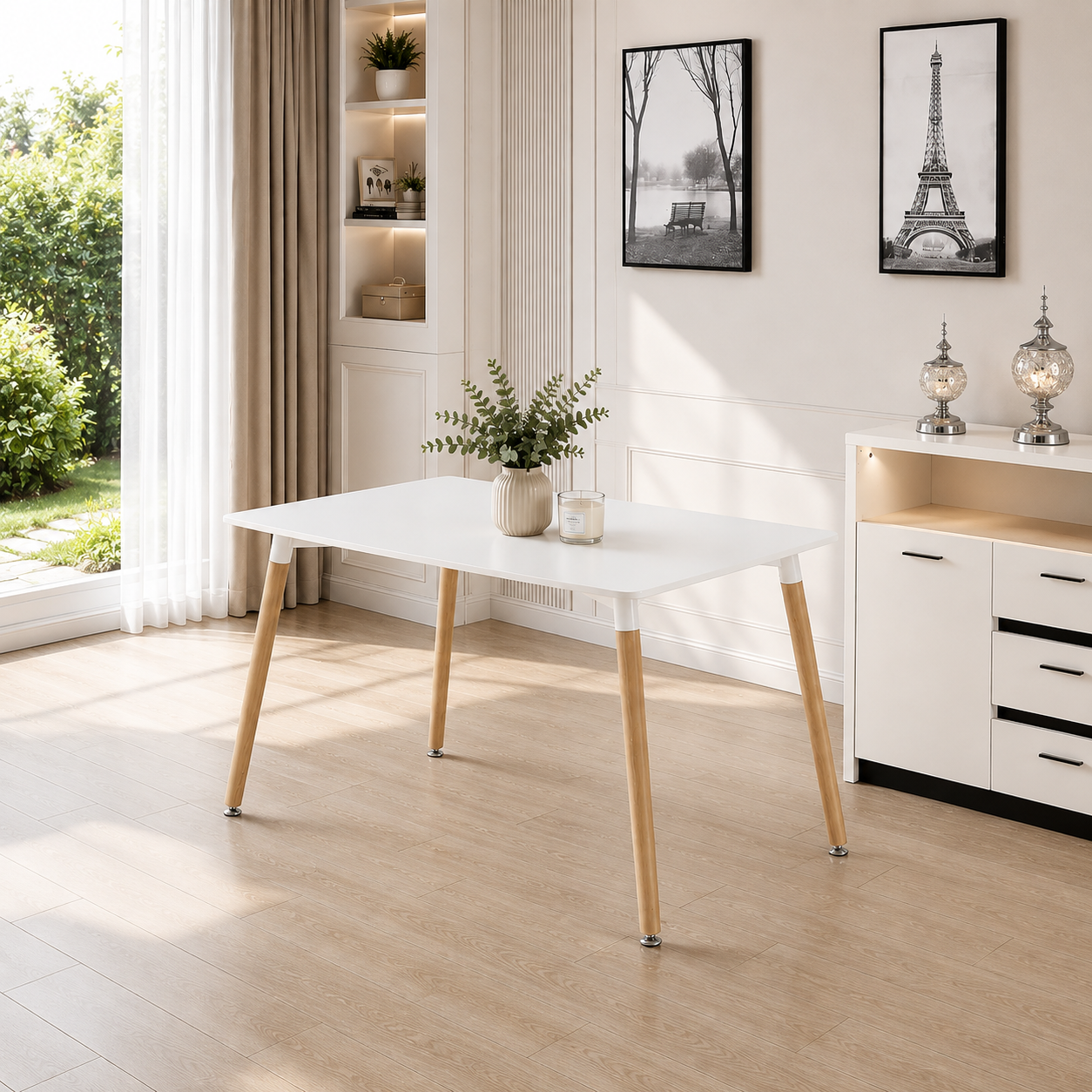 Modern 5 Piece Dining Table and Chairs Set – White Table with Wooden Legs, 4 Chairs, Seats 4