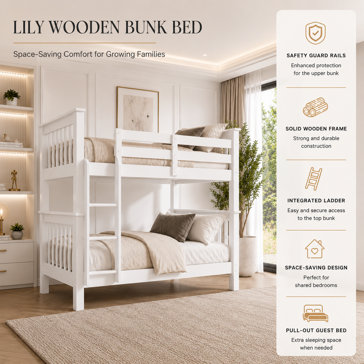 Lily Wooden Bunk Bed with Guest Bed – Solid Pine Space-Saving Frame – Kids Bedroom Furniture
