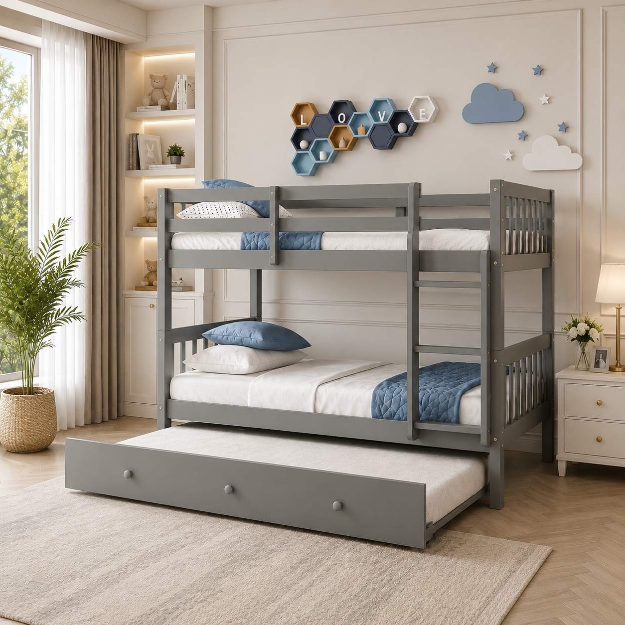 Lily Wooden Trio Bunk Bed with Guest bed – Space-Saving Solid Pine Frame – Optional Storage Drawers