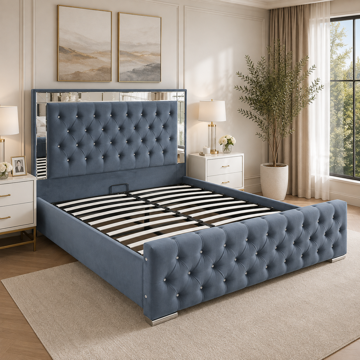 Plush Velvet Ottoman Storage Bed with Gas Lift – Double & King Size, Blue, Black or Grey