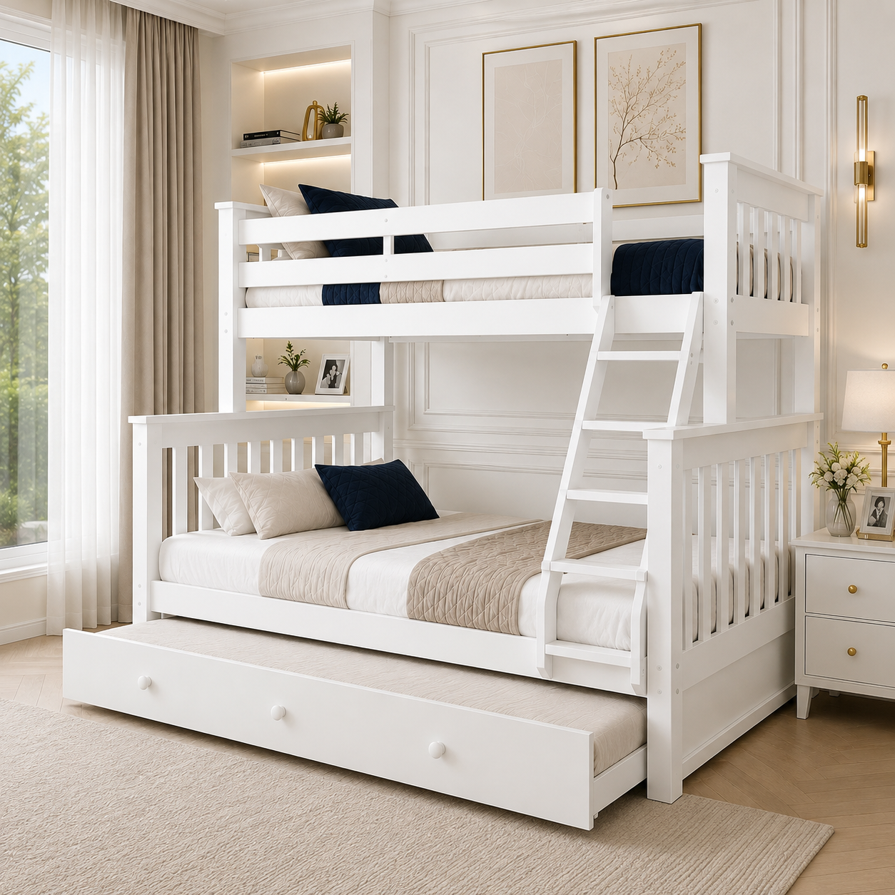 Lily Wooden Trio Bunk Bed with Guest bed – Space-Saving Solid Pine Frame – Optional Storage Drawers