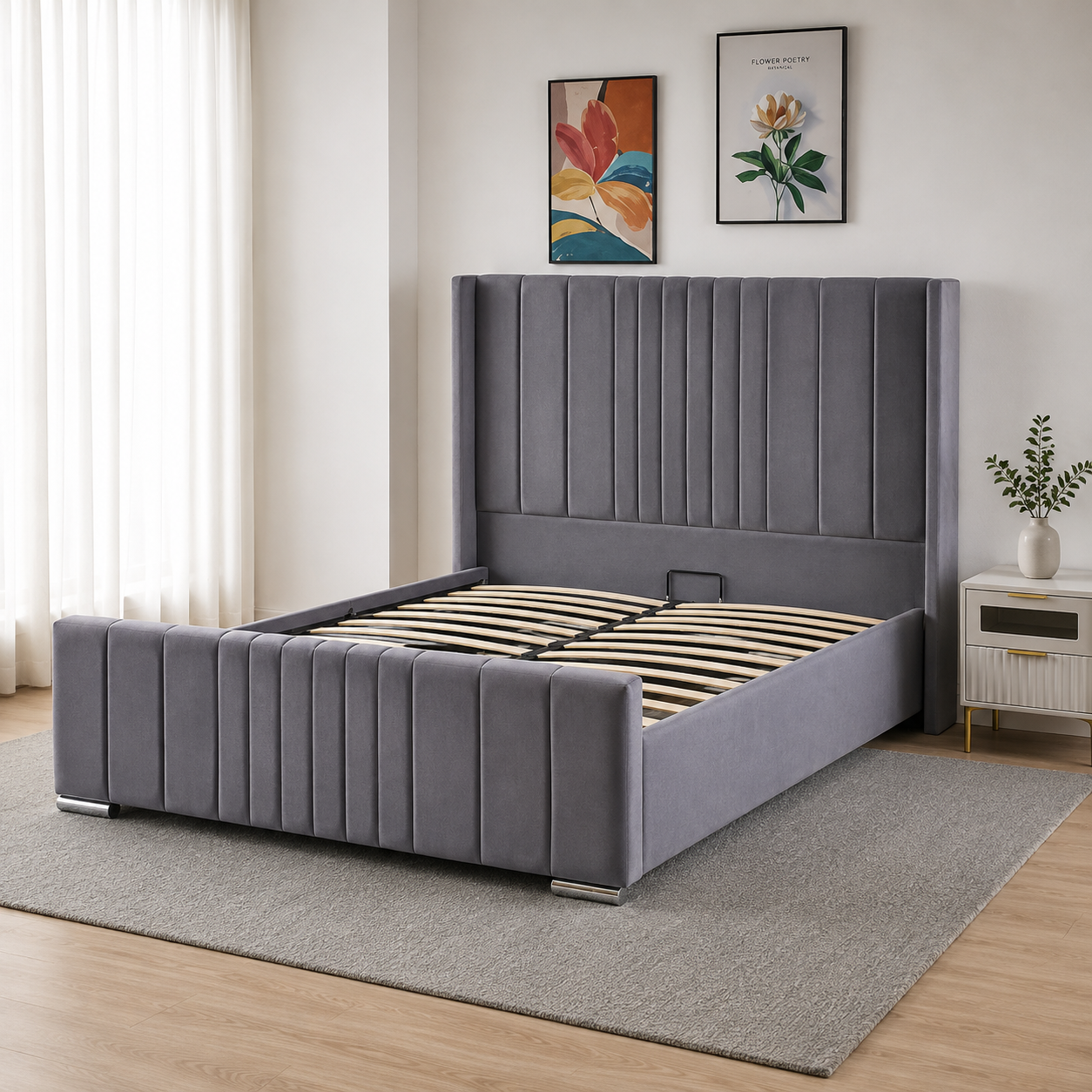 Wingback Ottoman Storage Bed Frame – Double & King Size | Plush Velvet Gas Lift Storage Bed