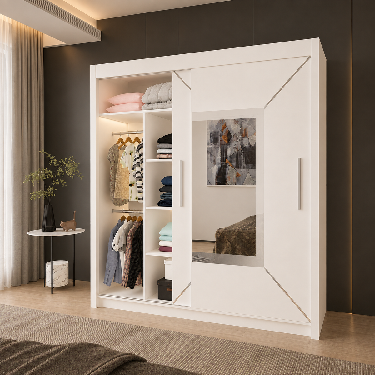 VENICE white sliding door wardrobe with mirror, shelves and hanging rails in a modern bedroom