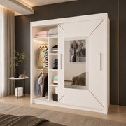 VENICE white sliding door wardrobe with mirror, shelves and hanging rails in a modern bedroom
