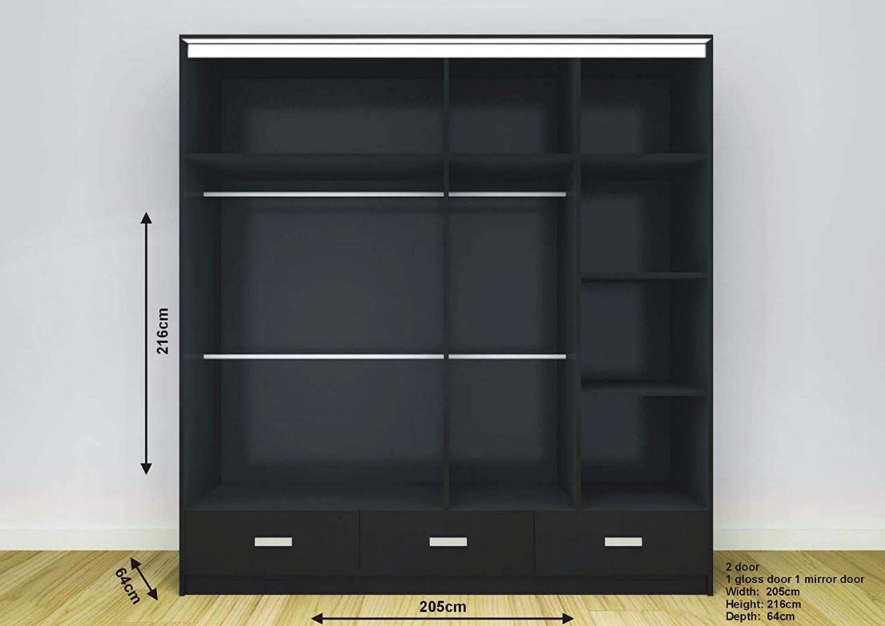 Florence High Gloss Sliding Door Wardrobe with Mirror & LED – White, Black & Grey, Shelves & Drawers