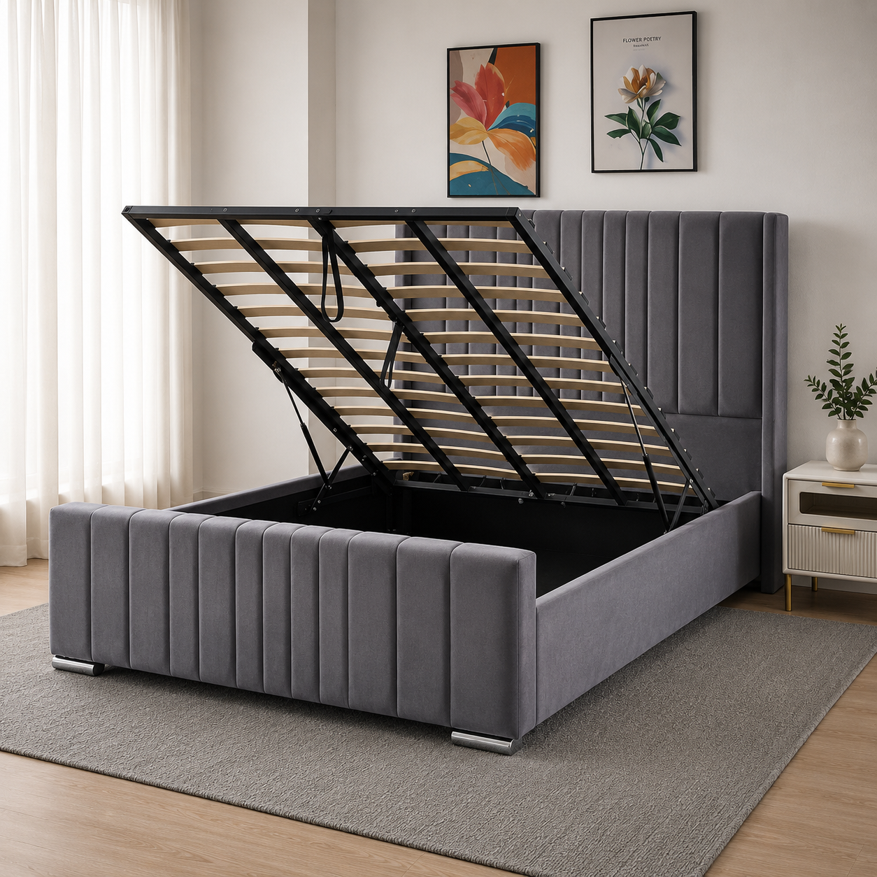 Wingback Ottoman Storage Bed Frame – Double & King Size | Plush Velvet Gas Lift Storage Bed