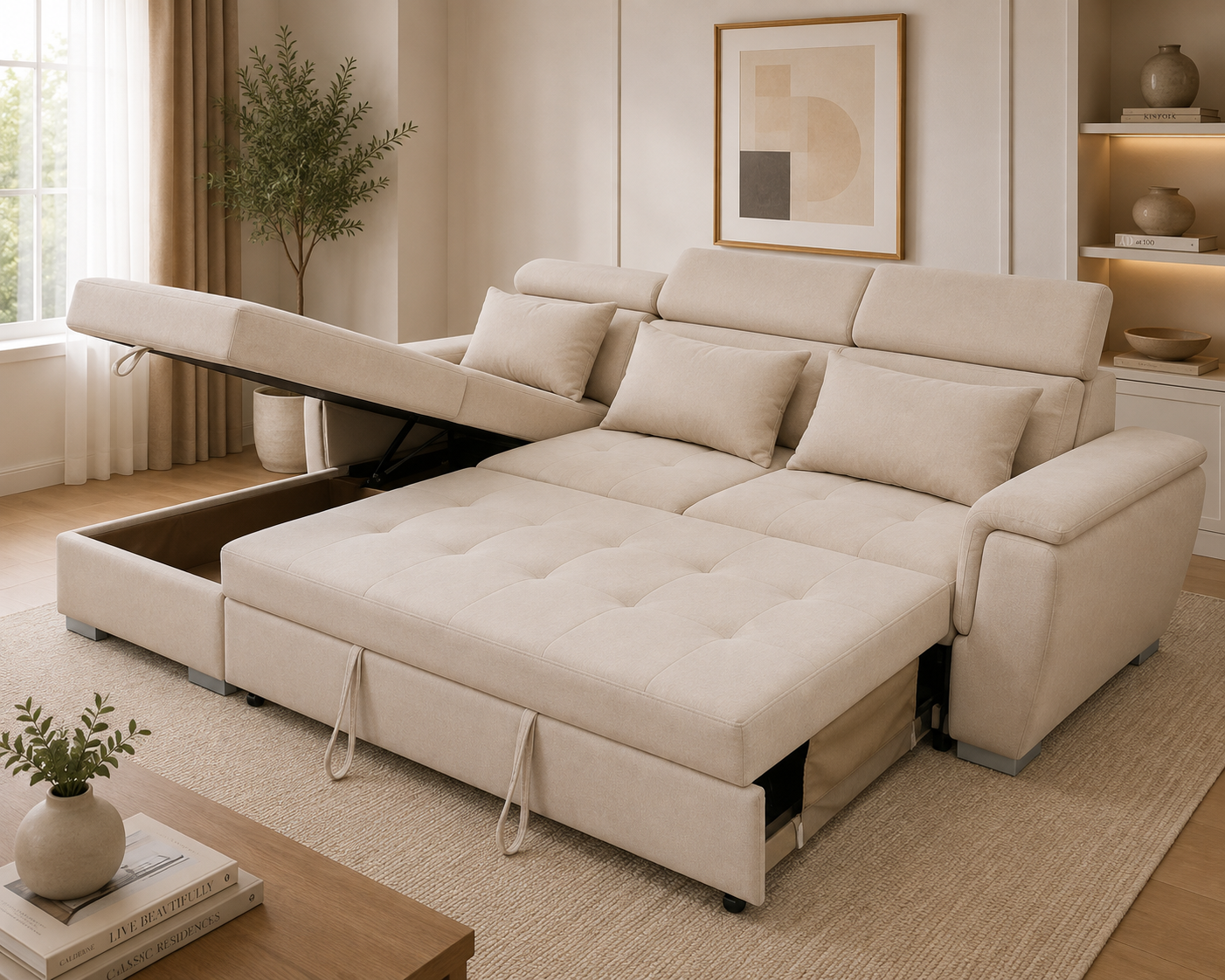 Antonio Velvet Corner Sofa Bed with Storage & USB – Double Sleeper, Universal Left/Right