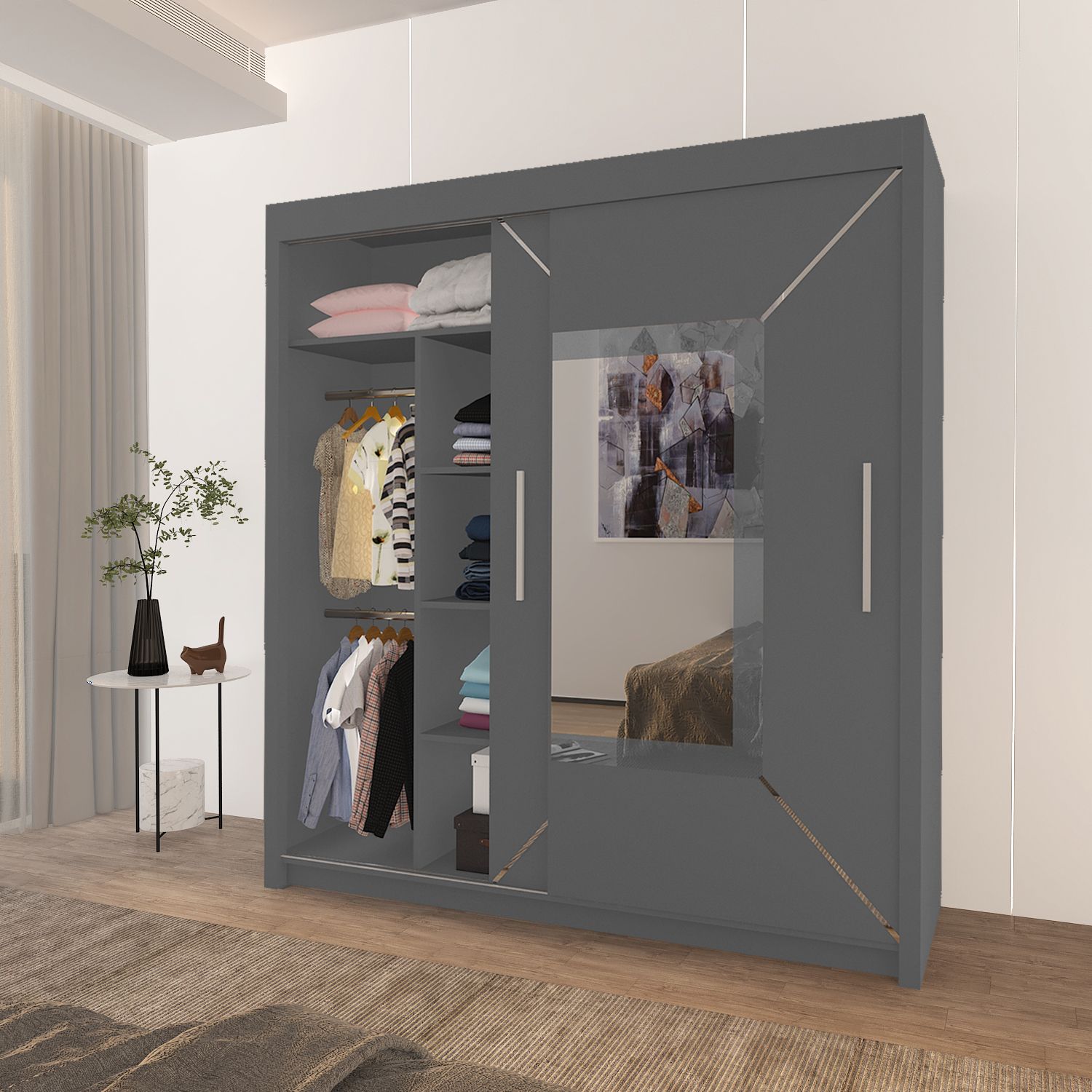VENICE Sliding Door Wardrobe with Mirror – Multiple Sizes & Colours, Shelves & Hanging Rails