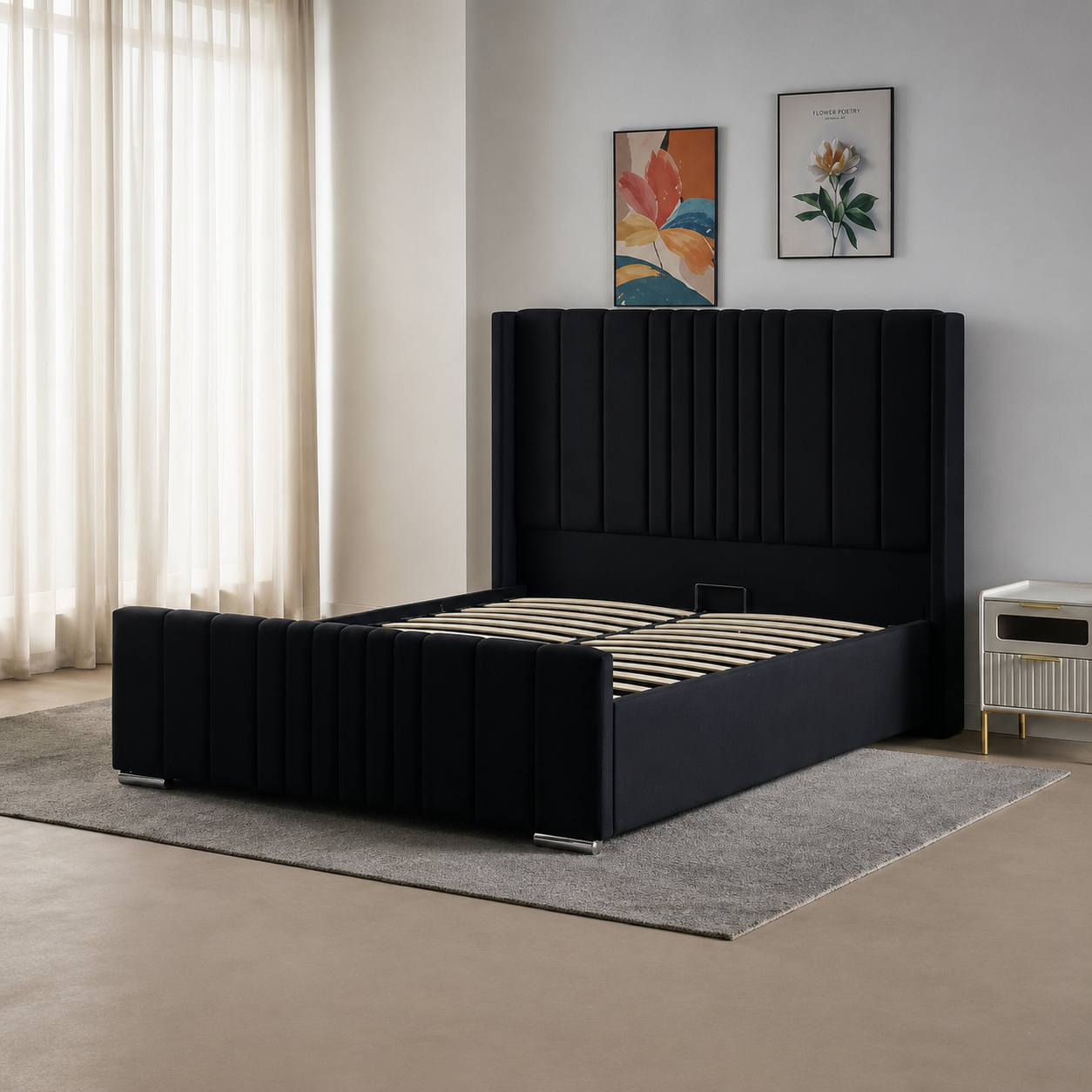 Wingback Ottoman Storage Bed Frame – Double & King Size | Plush Velvet Gas Lift Storage Bed