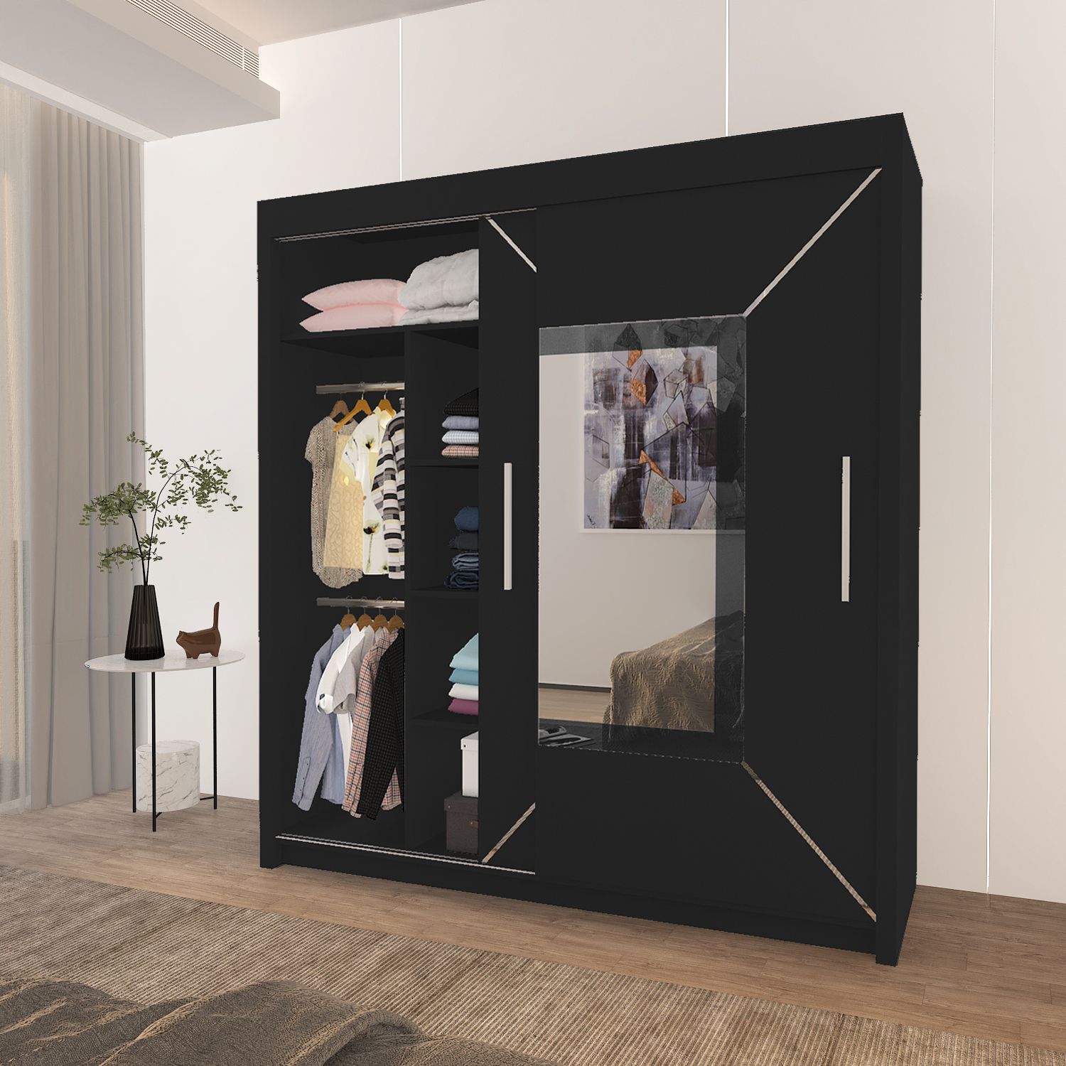 VENICE Sliding Door Wardrobe with Mirror – Multiple Sizes & Colours, Shelves & Hanging Rails