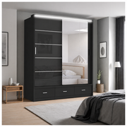 Florence High Gloss Sliding Door Wardrobe with Mirror & LED – White, Black & Grey, Shelves & Drawers