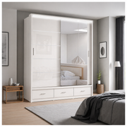 Florence High Gloss Sliding Door Wardrobe with Mirror & LED – White, Black & Grey, Shelves & Drawers