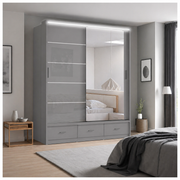 Florence High Gloss Sliding Door Wardrobe with Mirror & LED – White, Black & Grey, Shelves & Drawers