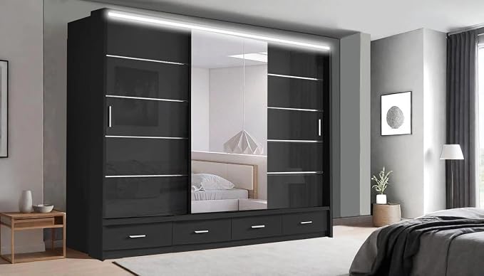Florence High Gloss Sliding Door Wardrobe with Mirror & LED – White, Black & Grey, Shelves & Drawers