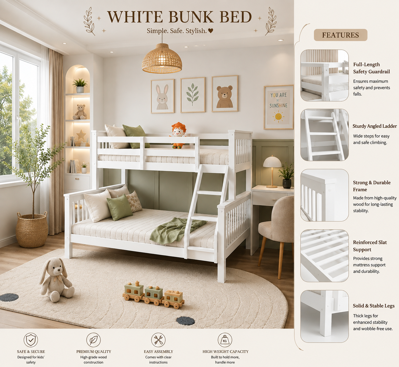 Lily Wooden Trio Bunk Bed with Guest bed – Space-Saving Solid Pine Frame – Optional Storage Drawers