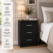 Black 3 drawer bedside table with spacious storage, metal runners and silver handles