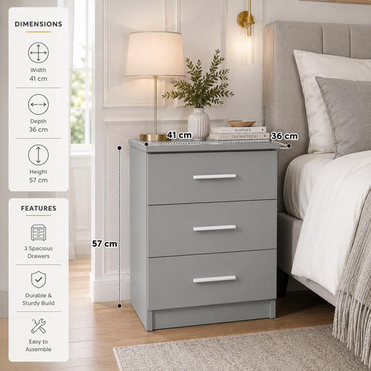 Grey 3 drawer bedside table dimensions 41cm wide, 36cm deep and 57cm high