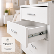 White 3 drawer bedside table with open drawer showing smooth metal runners