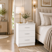 White 3 drawer bedside table with silver handles for modern bedroom storage