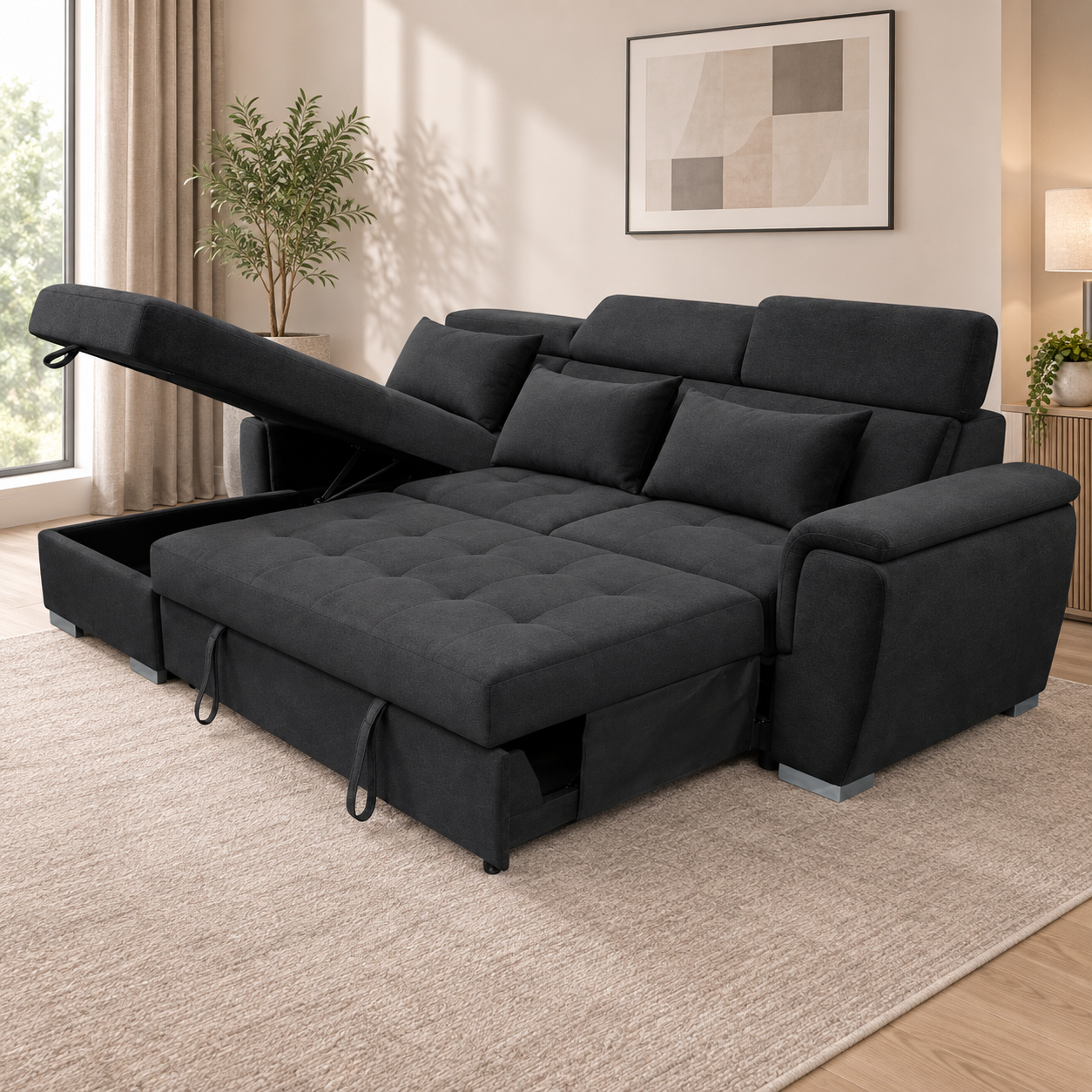 Antonio Velvet Corner Sofa Bed with Storage & USB – Double Sleeper, Universal Left/Right