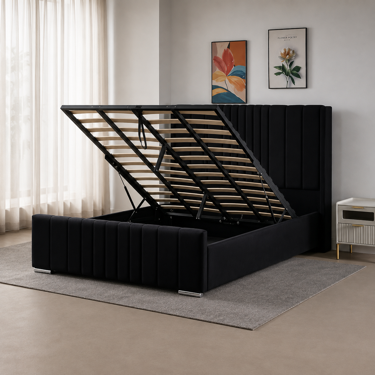 Wingback Ottoman Storage Bed Frame – Double & King Size | Plush Velvet Gas Lift Storage Bed