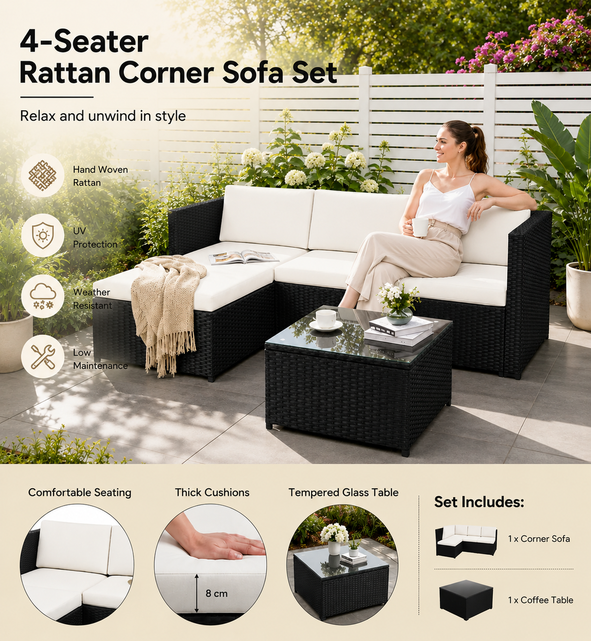4-seater rattan corner sofa set with thick white cushions and tempered glass coffee table for garden patio furniture